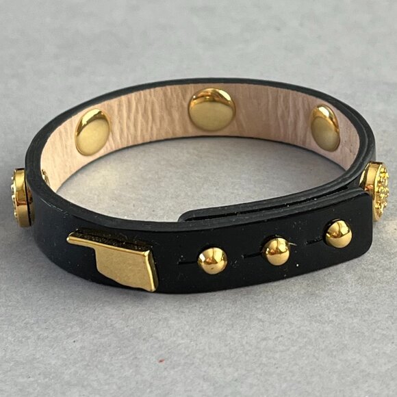 Rustic Cuff OKLAHOMA Black Patent Leather Gold Logo Leather Bracelet - Picture 3 of 3